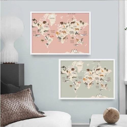 Educational Animal World Map Picture Children Poster and Print Nursery Canvas Painting Baby Kid Bedroom Playroom Home Decoration