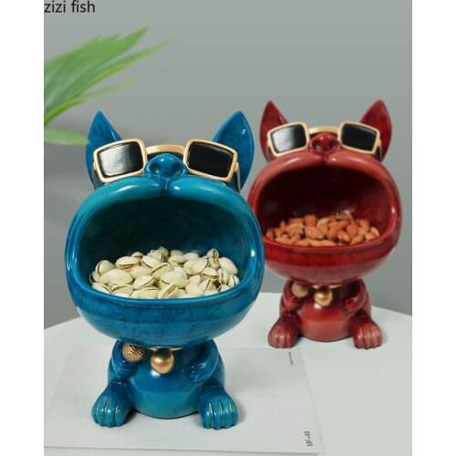 Glasses French Bulldog Storage Ornaments Lovely Animal Statue Desktop Candy Box Snacks Organizer Resin Crafts Home Decoration