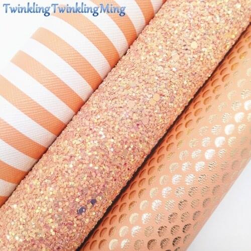 PEACH Glitter Fabric, Mermaid Faux Leather Fabric, Stripes Synthetic leather Leather For Bow A4 8"x11" Twinkling Ming XM297