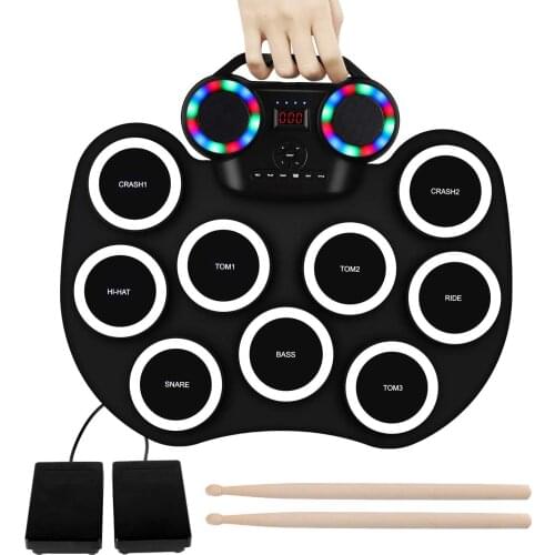 Portable Flash Light Roll Up Electronic Drum Set 9 Silicon Pads Bluetooth-compatible Built-in Speakers and Lithium Battery
