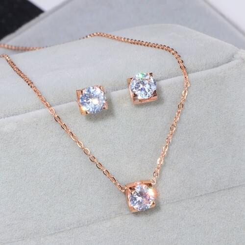 Luxury Crystal Wedding Jewelry Sets Rose Gold-Color 316L Stainless Steel Necklaces Stud Earrings Jewelry Sets for Women WX080