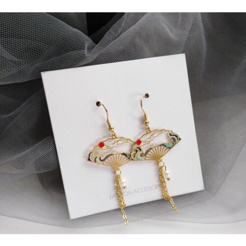 Double11 Chinese Retro National Style Hollow Geometric Fan-Shaped Earrings Cool Tassel Temperament Fairy Long Ear Stud Wholesale