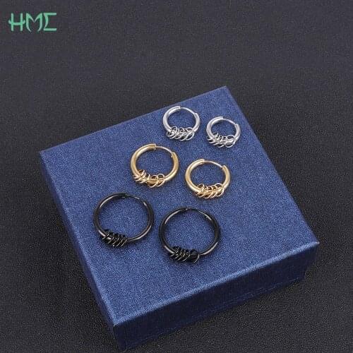 2pcs Hipster Men Punk Rock Black Round Hoop Stainless Steel Circle Stud Earrings for Women Piercing Brincos Bijoux Ear Ring