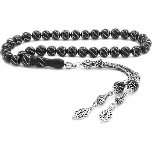 Tesbihane 925 Sterling Silver Tassels Silver Yanburgu Embroidered Erzurum Oltu stone Rosary