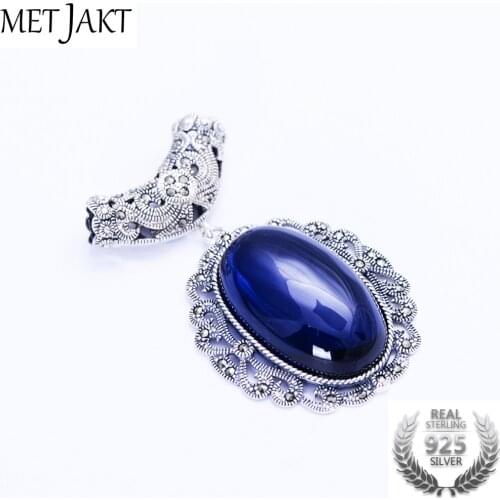 MetJakt Vintage Sapphire Pendants Solid 925 Sterling Silver Pendant for Sweater Chain for Womens Wedding Party Luxury Jewelry