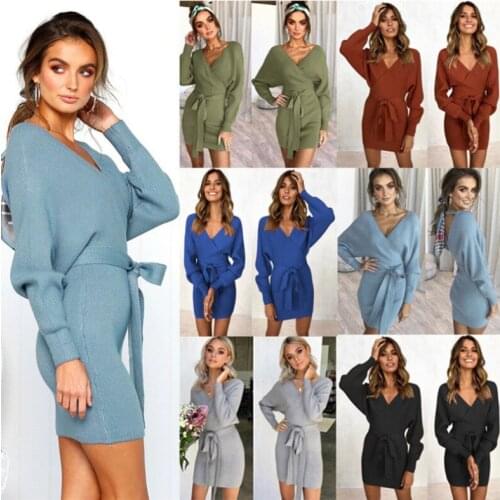 Women knitted miniskirts sexy dress long sleeve vintage v-neck ladies sweater dresses