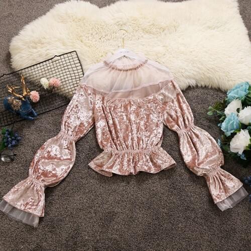 2019 autumn new female high-collar velvet stitching mesh lantern sleeve ruffles shirts womens elegant blouses women shirt top