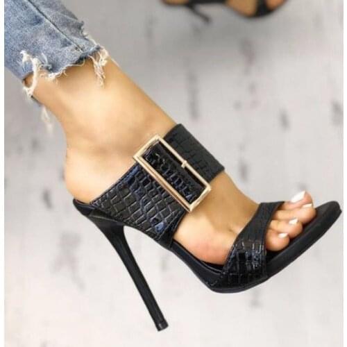 2020 Fashion Sexy Gladiator Summer PU Women Sandals Thin High Heels Sandals Slip-On Opinted Toe Black Dress Size 35-40 tyu7