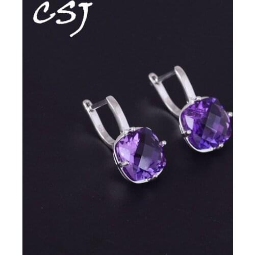 CSJ Natural Amethyst Earring Sterling 925 Silver Cushion 9Ct Checkboard Cut Fine Jewelry for Women Lady Party Birthday Gift
