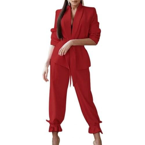 Women Formal Blazer Suit Lace-up Ruffles Ankle Tied Outfits 2021 Autumn Winter Office Lady Blazer Coat Pants Set Streetwear
