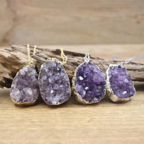 Large Raw Amethysts Geode Pendants Necklace,Healing Quartz Purple Druzy Drusy Slab Charms Women Fashion Jewelry Dropship,QC3079