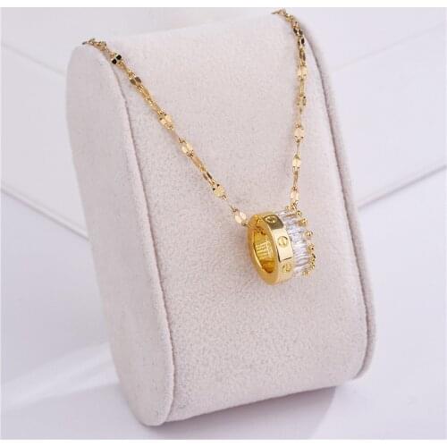 Fashion Exquisite Zircon Inlaid Geometry Round Pendant Women Necklaces Ladies No Fade Gold Color Stainless Steel Jewelry Gift