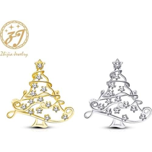 Zhijia Delicate Gold Silver Color Rhinestone Hollow Christmas Tree Star Pins Brooches For Women Men Christmas Gifts