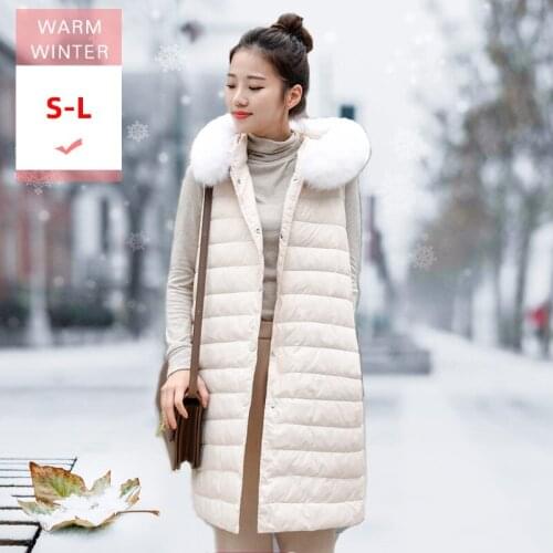 2019New Winter Women Real Fox Fur White Duck Down Long Vest Female Hooded Single Breasted Warm Sleeveless Windproof Feather Coat