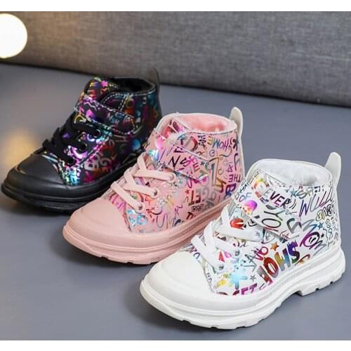 Winter Baby Shoes Girls Warm Plush Boots Fashion Printing Picture Children OUTWEAR 1-5 Years Size 21-30#Pink Black White