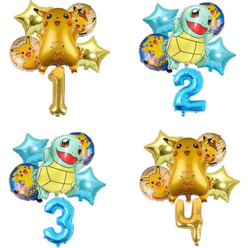 5 pcs Pokemon series Pikachu Jenny Turtle Aluminum balloon Children number balloons Birthday party decoration Balloon set
