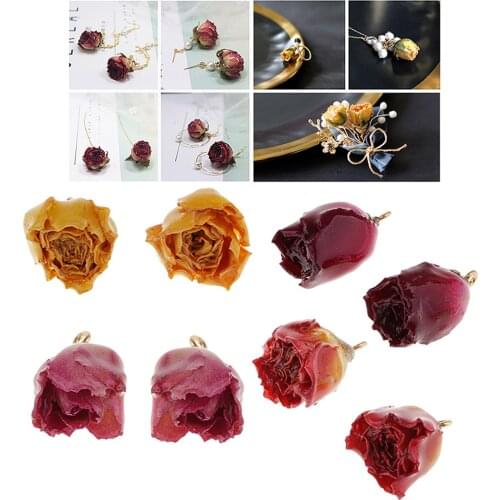 8Pcs Real Flower Charms Mixed Color Natural Dried Rose Pendants With Hanging Ring For Earring Making Findings Crafts