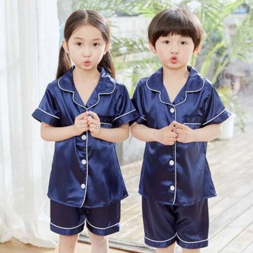 Childrens Kids Summer Pyjamas Silk Satin Tops Pant Autumn Winter Long Short Sleeve Sleepwear Nightwear Girls Boys Pajama Sets