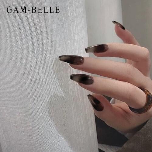 GAM-BELLE 24pcs Long Ballerina Black Blooming Fake Nails Full Cover Artificial Press On Nail Tips DIY Manicure Nail Art Tools