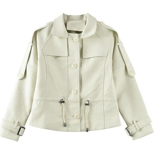 Short Leather Jacket Women Slim Drawstring Long Sleeve Zipper Turn-Down Collar White Faux Leather Biker Jacket Autumn Streetwear