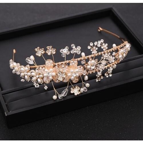 Trendy Bridal Headdresses Golden Flower Tiara Rhinestone Crystal Pearl Crown Wedding Tiara Princess Party Headband Accessories