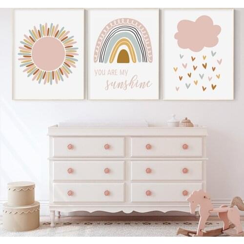 Cartoon Canvas Painting Sun Nursery Poster You Are My Sunshine Childrens Room Decoration Rainbow Heart Rain Cloud Wall Art