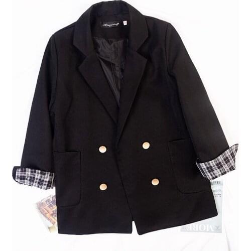 New Black Women Suit Spring Autumn Casual Loose Student Turn Sleeve Plaid Blazer Coat