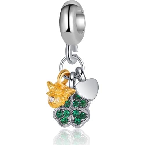 New Original Alloy Bead Green Four-leaf Clover Bee Forest Fit Pandora Bracelet Bangle Necklace DIY Women Jewelry