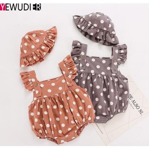 Newborn Baby Girls Clothes Summer Ruffle Sleeveless Rompers With One Hat Toddler Fashion Cotton Dot One-piece Jumpsuits Sunsuits