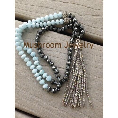 Hand Knot Pave CZ Roundel Stone Necklace Long Hematite Stone Beads Crystal Beads Tassel Necklace