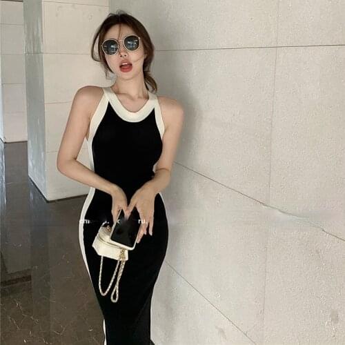 Korobov Korean Summer Halter Sexy Dress Vintage Slim High Waist Hit Color Patchwork Female Dresses 2021 New Arrival Vestidos