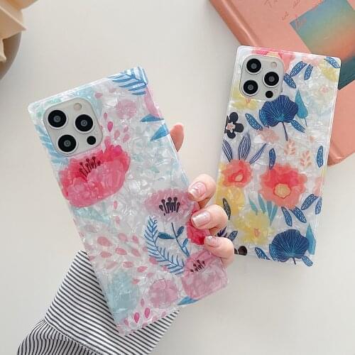 Square Vintage Flower Leaves Pattern Phone Case For iPhone 12 11 Pro Max 12 Pro Dream Shell Texture Shockproof Bumper Back Cover