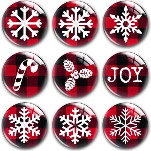 Handmade Christmas X-Mas Buffalo Plaid Snowflake Round Photo Glass Cabochon Demo Flat Back DIY Jewelry Making Findings Accessory