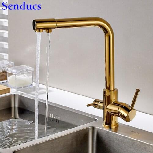 Senducs Gold Filter Kitchen Faucet Dual Handle Purified Kitchen Sink Faucet Quality Brass Gold Kitchen Sink Mixer Tap