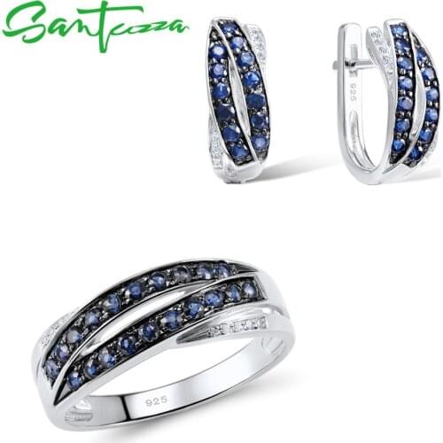 SANTUZZA Jewelry Set for Women Pure 925 Sterling Silver Blue Nano Cubic Zirconia Stones Earrings Ring Set Delicate Fine Jewelry