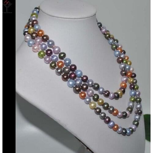 Wedding Women Jewelry 120CM / 47inch Necklace 8-9mm Multi-color mixed Pearl Baroque Round Natural Freshwater Pearl