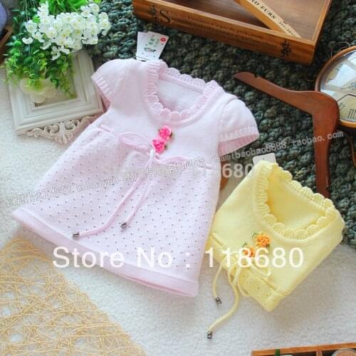 Free shipping Retail new 2015 Spring autumn baby girls sweater kids all-match short sleeves princess sweater cute knitted dress