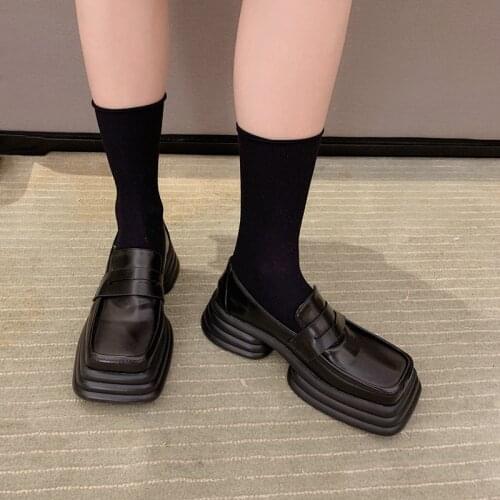 Women Shoes Designer Brand Harajuku Square Toe Heels Woman Pumps Casual Chunky Shoes Black White Platform Heels Damen Schuhe