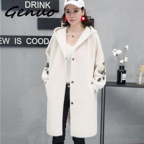 Women Long Outwear Faux Fur Autumn Winter Hooded Coat Embroidered Warm Single Breasted Thick Women Sweater Cardigan Jacket 2020