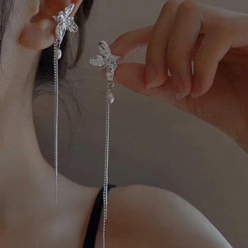 2021 New Fashion Imitation Pearl Dangle Ear Cuff Butterfly Earrings for Women Elegant No Pierced Ear Clip Female Jewelry