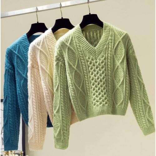 Women Sweaters Warm Pullover and Jumpers V-neck Mohair Pullover Female Knitted Sweaters 2019 Chic Short Sweater Twisted Pull1472