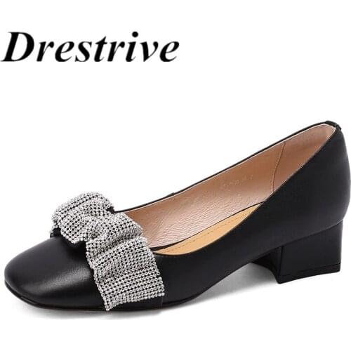 Drestrive Women Pumps 2021 Summer Sweet Thick Mid Heels Crystal Split Leather Square Toe Size 41 Black Shallow