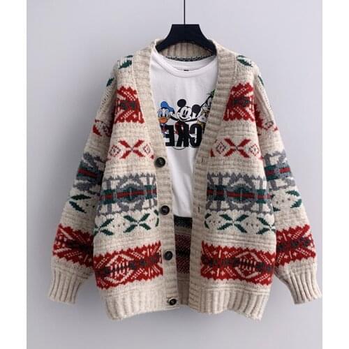 Women 2021 Spring Autumn Fashion Pattern Knitted Cardigan Sweater Vintage V Neck Single Breasted Female Outerwear Chic Tops