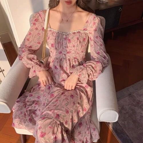 Elegant Vintage Floral Print Chiffon Long Dress Women Buttons Slim Vacation Boho Beach Dress Robe Longue Vestido MH923