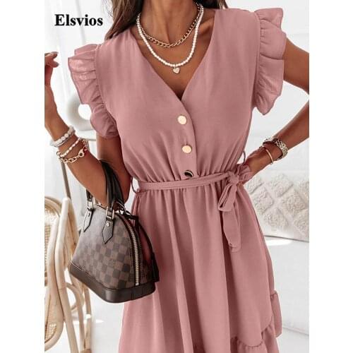 Women Elegant Solid Ruffle Beach Dress Sexy V-Neck Button Party Dresses Summer Casual Butterfly Sleeve Loose Mini Dress Vestidos