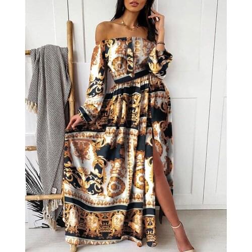 2021 new summer dress polyester fiber printing V-neck pullover retro long-sleeved big swing slit long dress woman