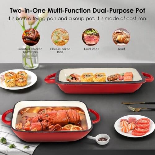 2 In 1 Enameled Cast Iron Dual Purpose Uncoated Frying Pan Nonstick Kitchen Cookware For Oven Enamel Steak Skillet Pan Stock Pot