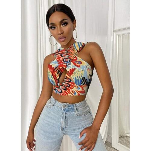 2021 Womens Criss Cross Tank Tops Sexy Sleeveless Printed Cutout Front Crop Tops Party Club Streetwear Summer Lady Bustier Tops