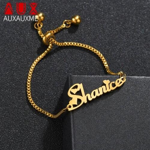 Auxauxme Fashion Custom Name Bracelets Stainless Steel Golden Personalized Letters Nameplate ChainBracelet Birthday Jewelry Gift