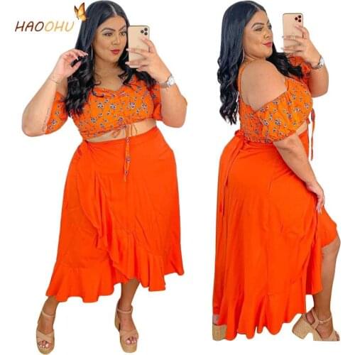 HAOOHU Big Hem Floral Womens Clothing 2021 Summer Solid Color Lace-up Top Floral-Print Off-Shoulder Two-Piece Skirt Suit Orange